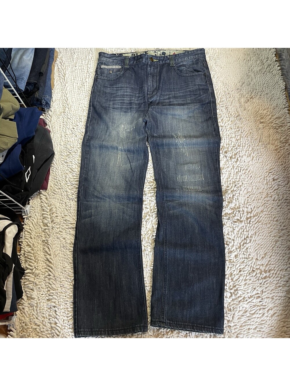 Y2K Blue Guru Loose Fit Denim Jeans Faded Distressed Whiskers Streetwear 36x33